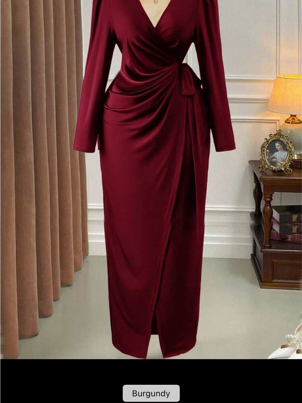 Elegant Burgundy Wrap Midi Dress - V-Neck Long Sleeve